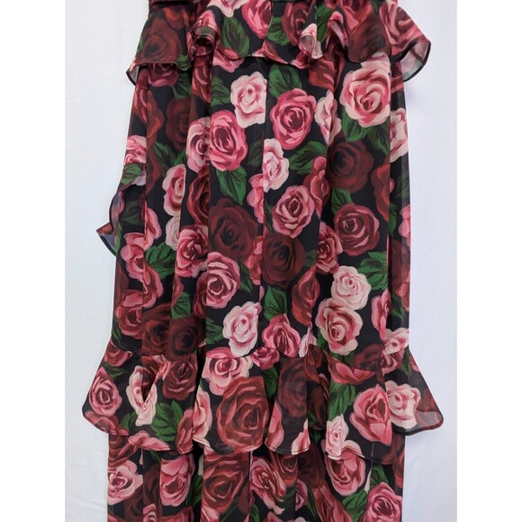 MAJORELLE Black Floral Red Rose Dress Ruffles Romantic Hi Low Flowy Gown Small - Picture 12 of 16